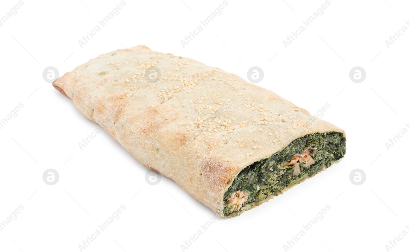 Photo of Tasty strudel with salmon and spinach isolated on white