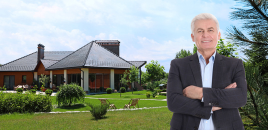 Image of Real estate agent against modern house with garden, space for text. Banner design 