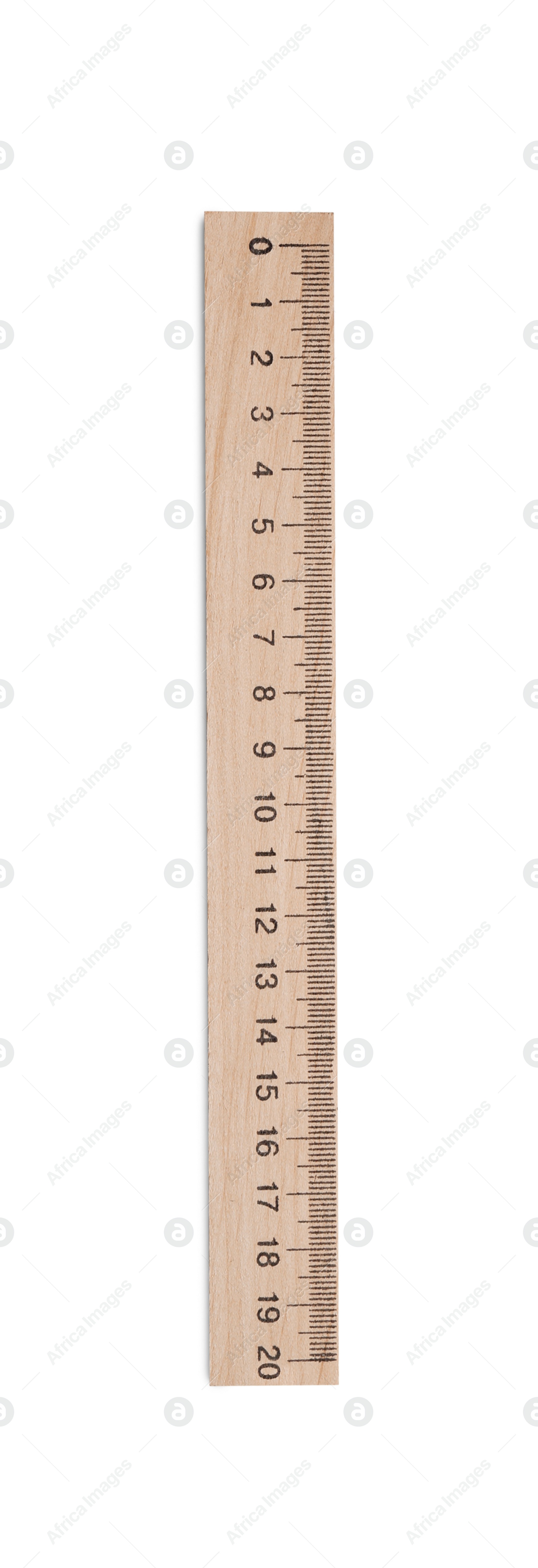 Photo of Wooden ruler with measuring length markings in centimeters isolated on white, top view