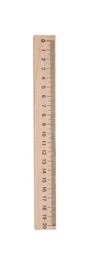 Photo of Wooden ruler with measuring length markings in centimeters isolated on white, top view