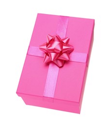 Photo of Beautifully wrapped gift box with pink bow isolated on white