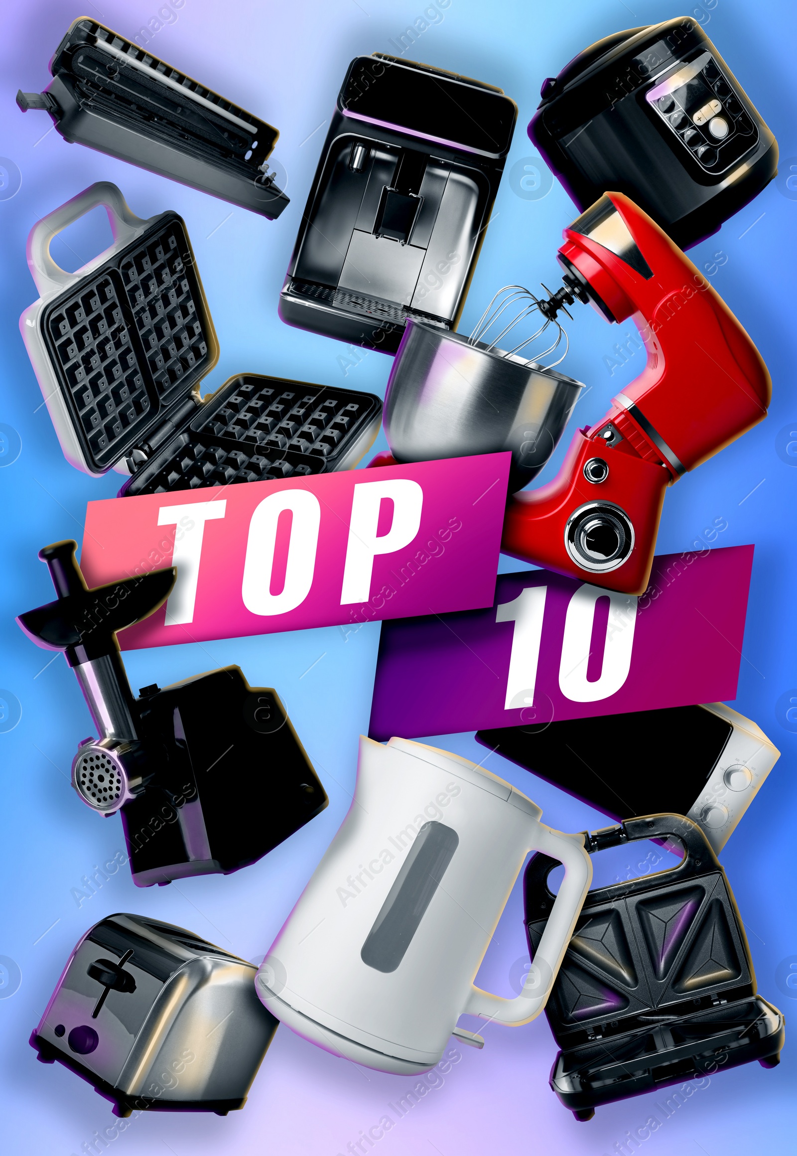 Image of Top ten list of kitchen appliances on blue gradient background