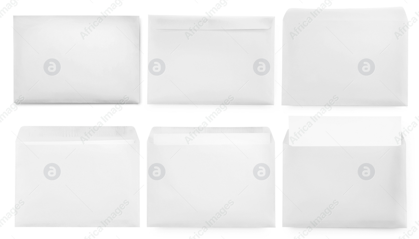 Image of Set with blank paper envelopes on white background