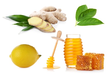 Image of Ginger root, lemon and honey on white background