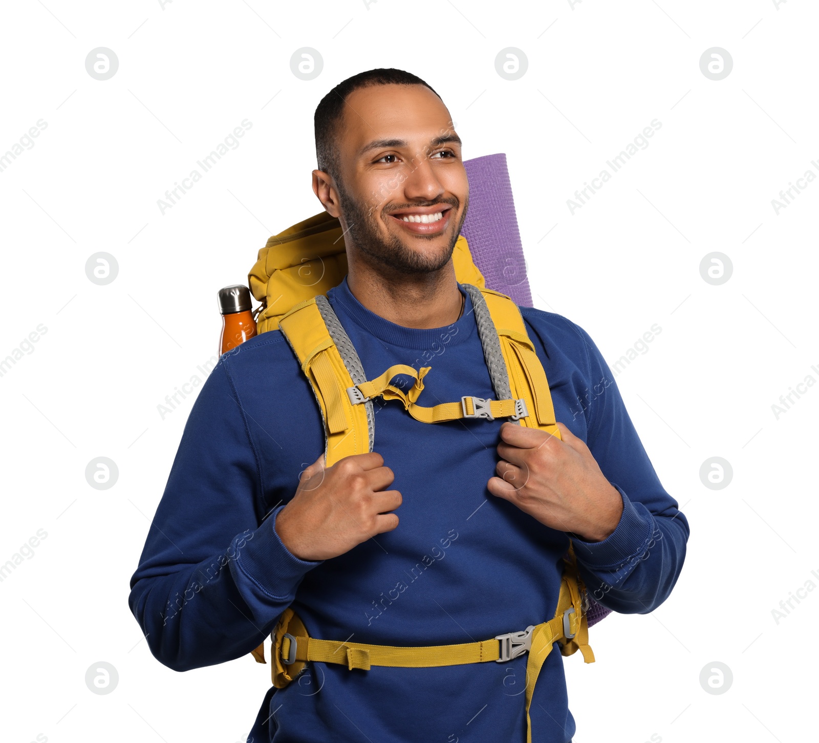 Photo of Happy tourist with backpack on white background