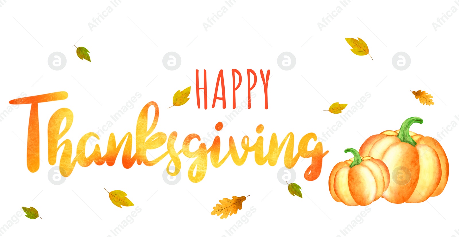 Illustration of Thanksgiving day card design, banner style. Text, autumn leaves and pumpkin on light background, illustration