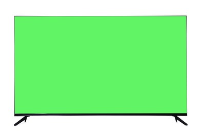 Image of Chroma key compositing. TV with mockup green screen on white background