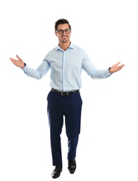 Photo of Young male teacher with glasses on white background