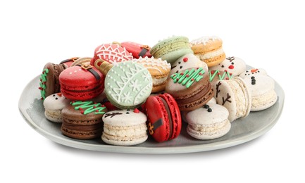 Photo of Beautifully decorated Christmas macarons on white background