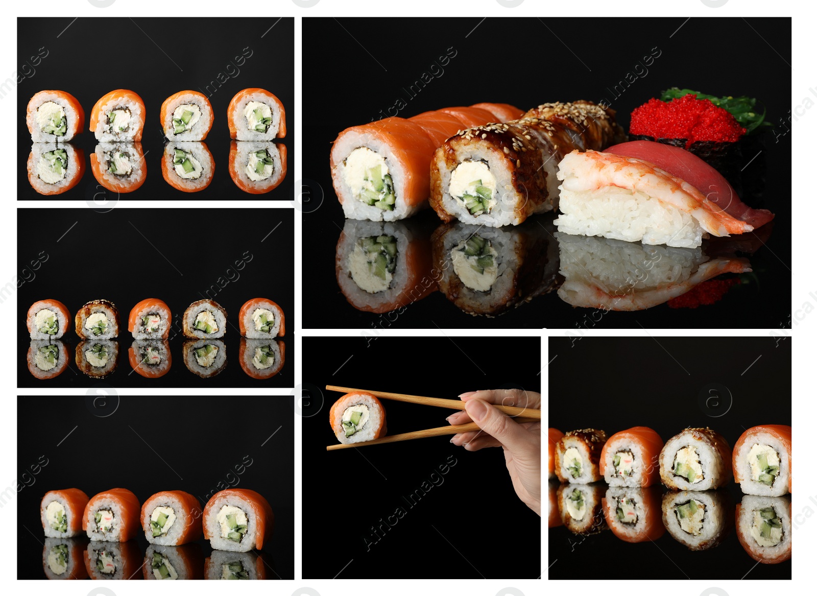 Image of Collage with photos of delicious sushi and rolls on black background