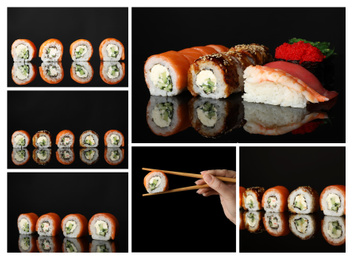 Image of Collage with photos of delicious sushi and rolls on black background