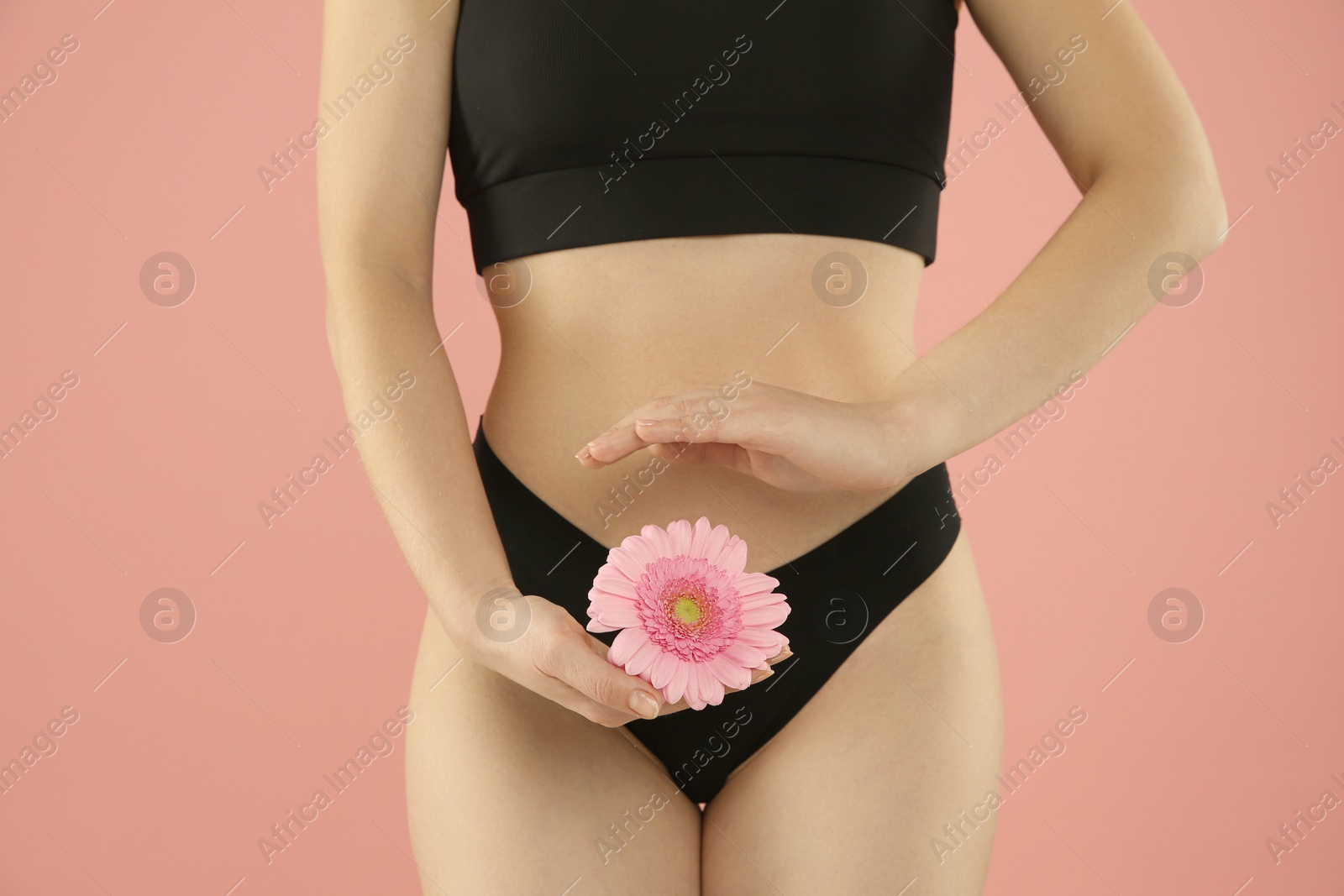 Photo of Gynecology. Woman in underwear with gerbera flower on pink background, closeup