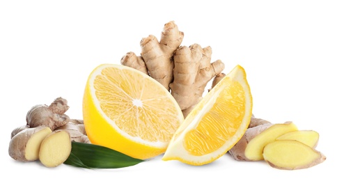 Image of Fresh ginger root and lemon on white background. Banner design 