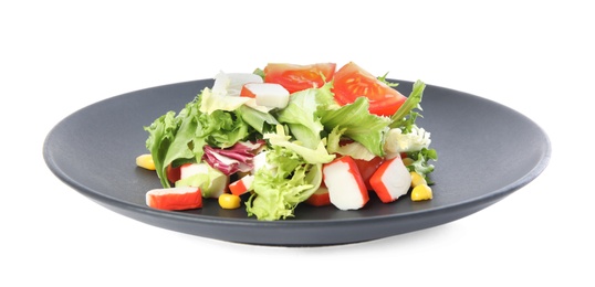 Photo of Delicious salad with crab sticks and lettuce on white background