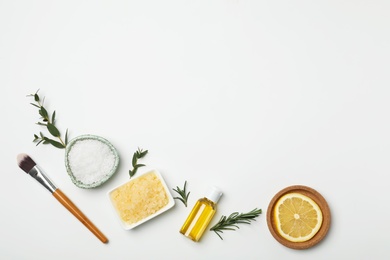 Photo of Fresh ingredients for homemade effective acne remedy on white background