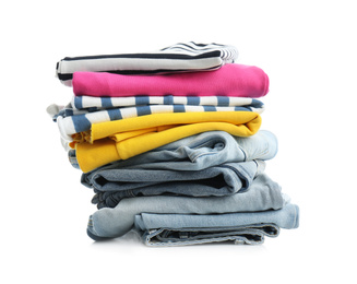 Photo of Stack of folded clothes isolated on white