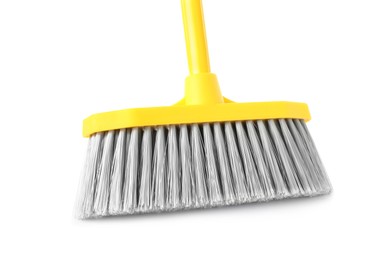 Photo of Plastic broom on white background. Cleaning tool