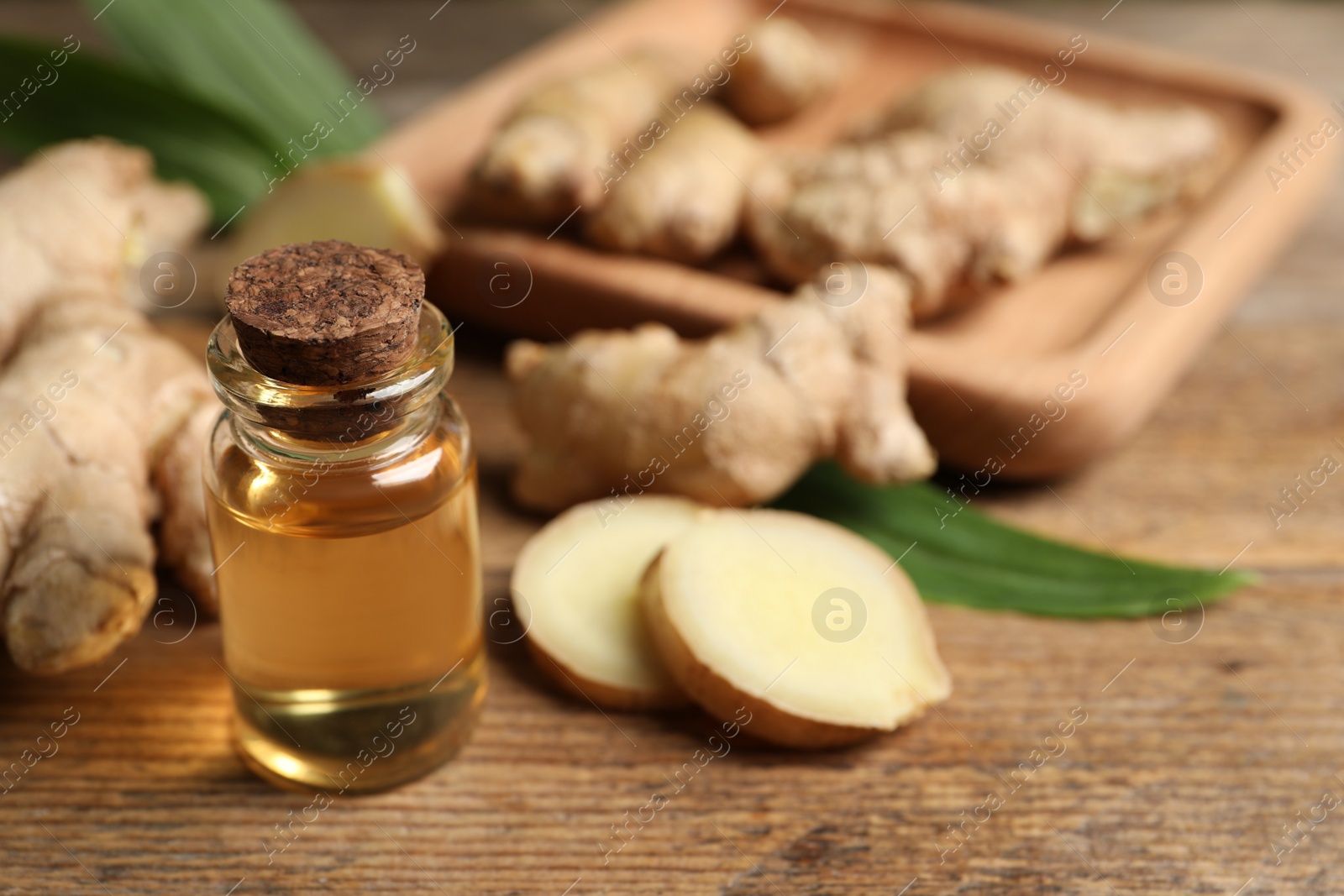 Photo of Ginger essential oil in bottle on wooden table. Space for text