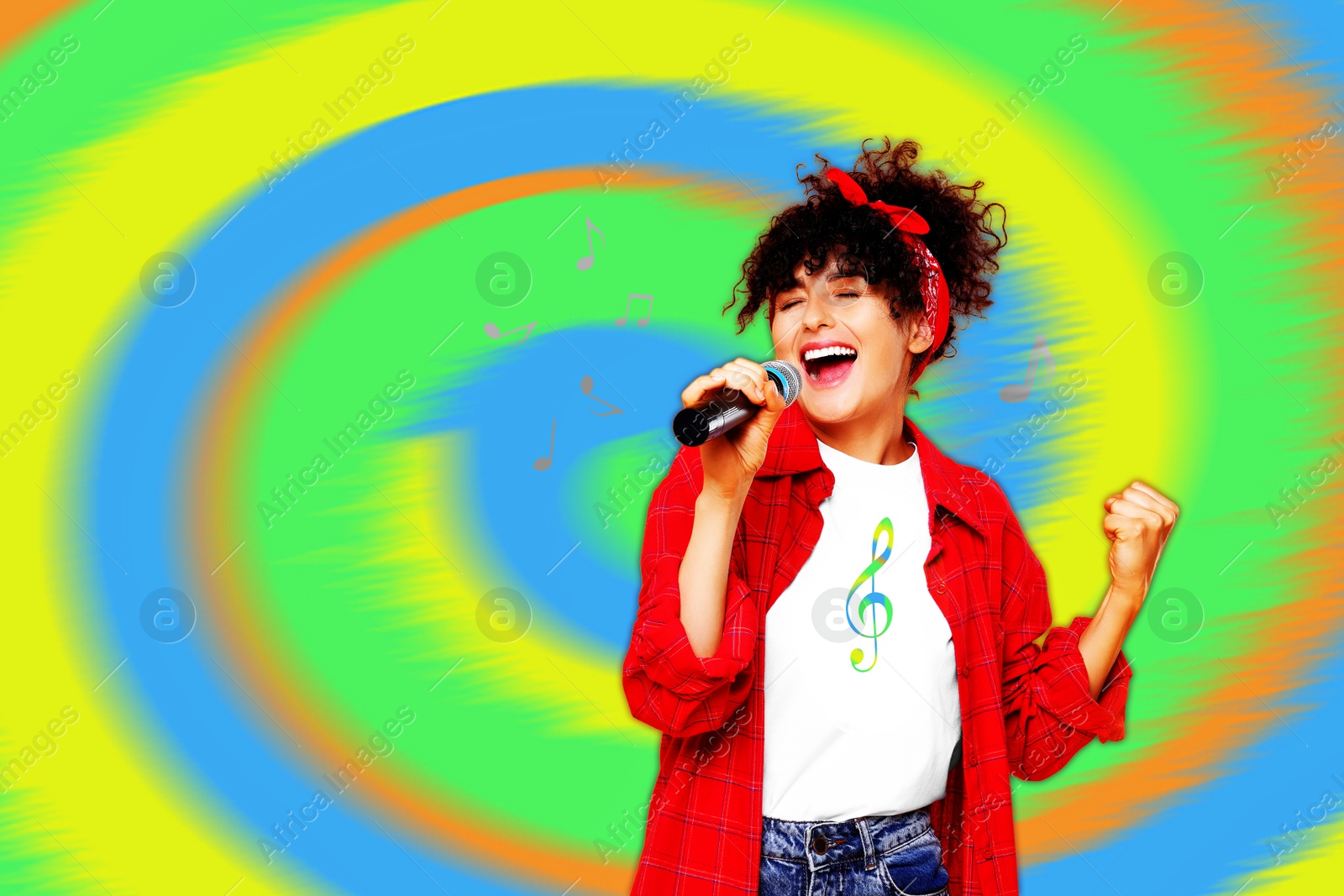 Image of Singer's performance poster. Woman with microphone on bright background