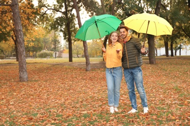 Photo of Happy couple with umbrellas walking in park. Space for text