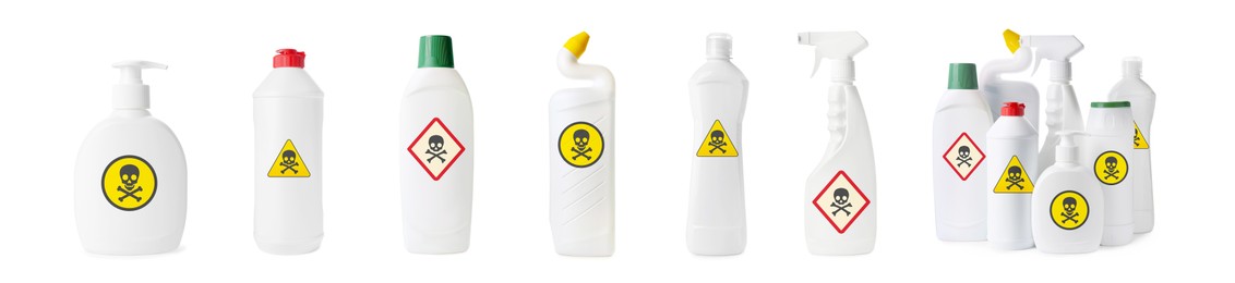 Image of Set with different toxic household chemicals with warning signs on white background. Banner design