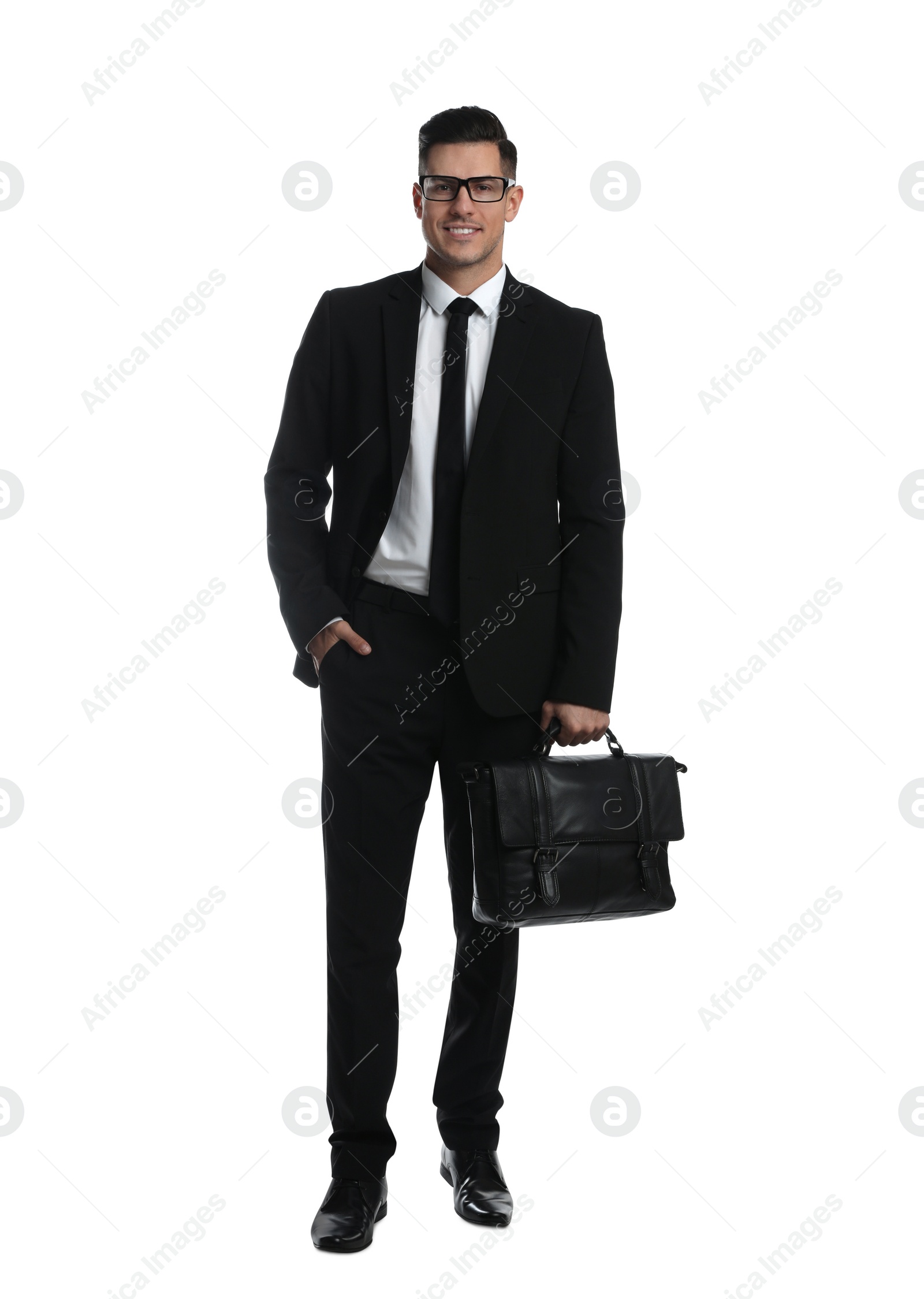 Photo of Businessman with stylish leather briefcase on white background