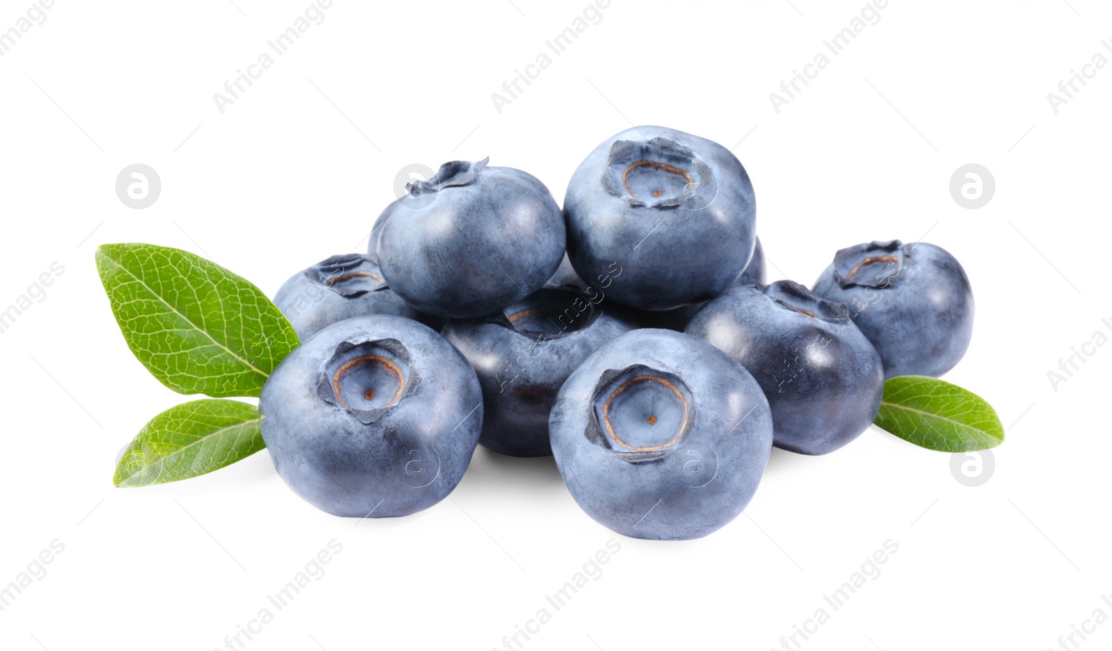 Photo of Pile of fresh ripe blueberries and leaves isolated on white