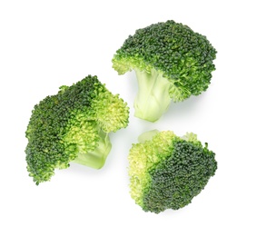 Photo of Fresh green broccoli on white background, top view. Organic food