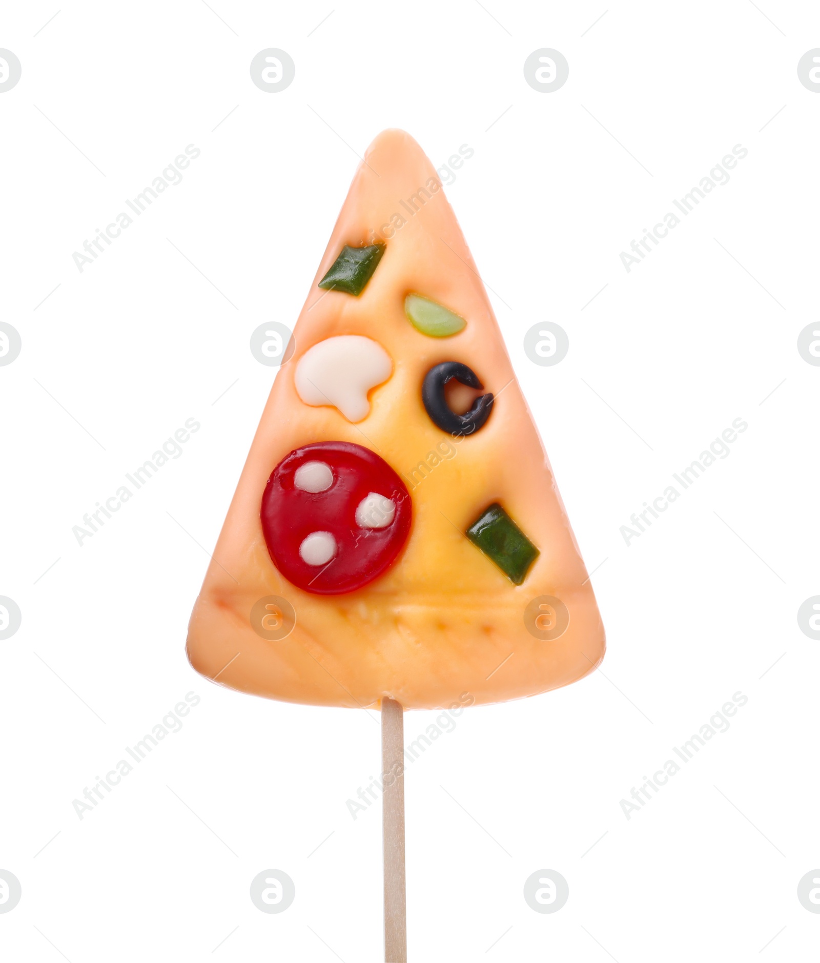 Photo of Tasty pizza shaped lollipop isolated on white