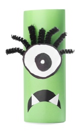 Photo of Funny green monster isolated on white. Halloween decoration