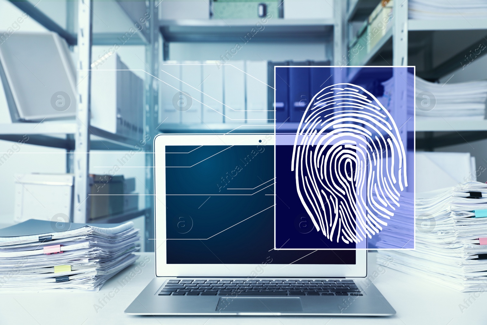 Image of Fingerprint identification. Modern laptop on table indoors