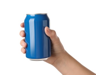 Woman holding blue aluminum can on white background, closeup