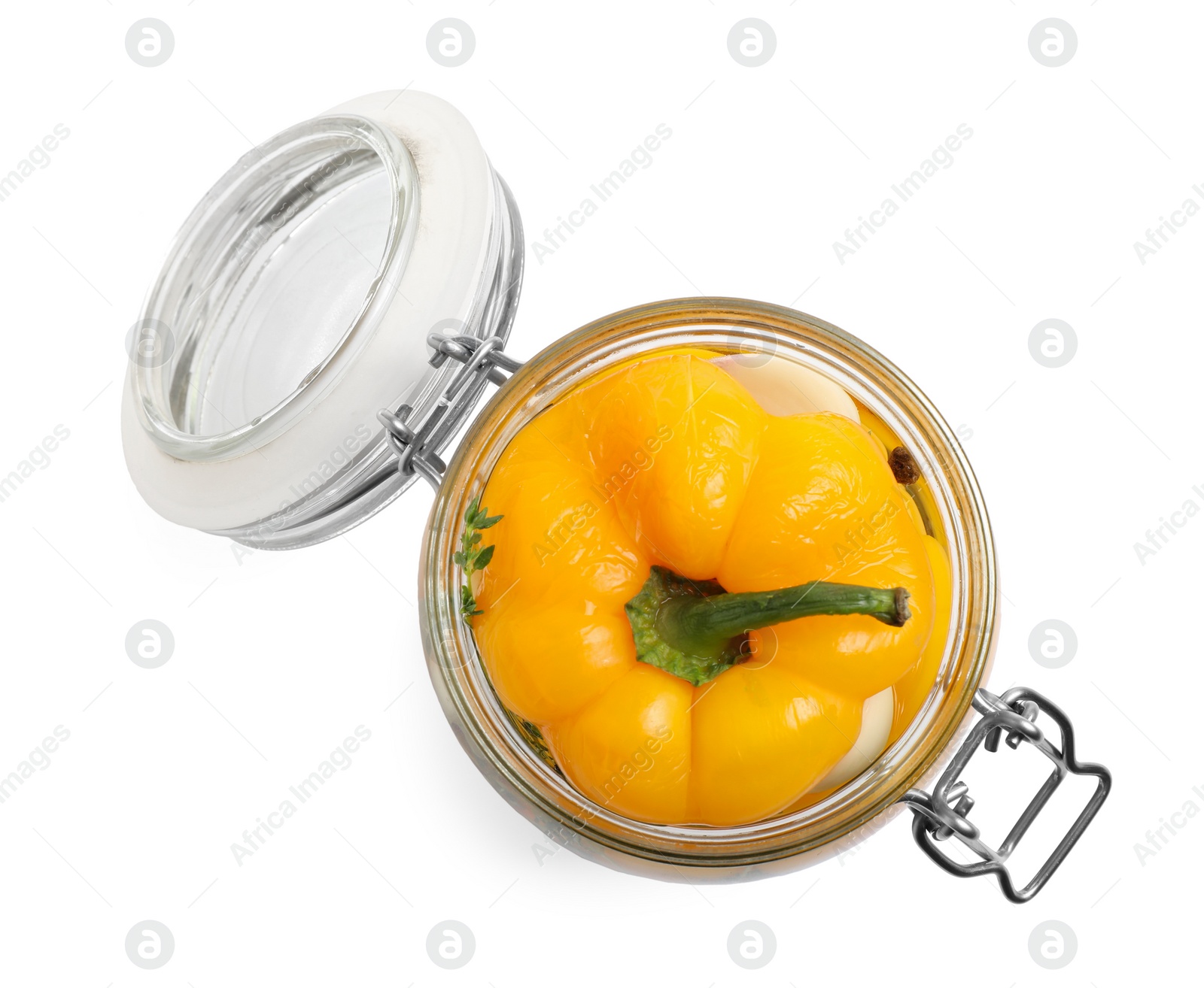 Photo of Glass jar with pickled peppers isolated on white, top view