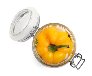 Glass jar with pickled peppers isolated on white, top view