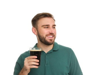 Handsome man with cold kvass on white background. Traditional Russian summer drink