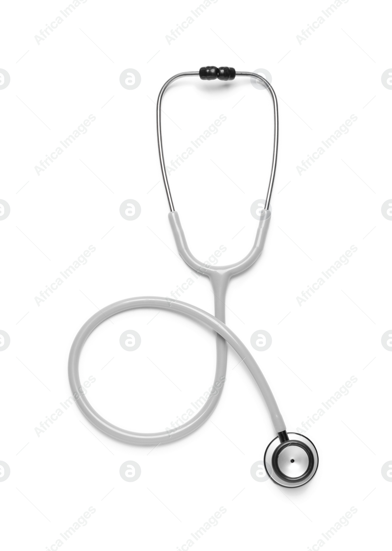 Photo of Modern stethoscope on white background, top view