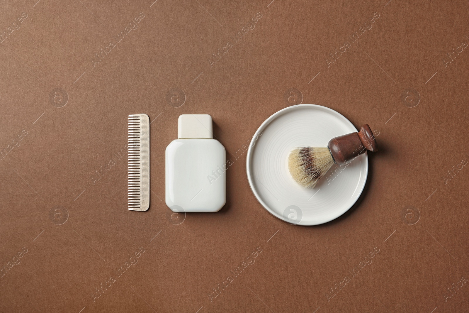 Photo of Flat lay composition with shaving accessories for men on color background