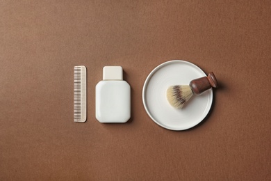 Photo of Flat lay composition with shaving accessories for men on color background