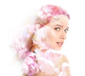 Image of Double exposure of beautiful woman and blooming flowers