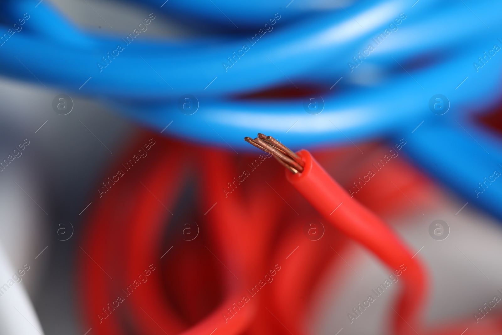 Photo of Red electrical wire on blurred background, closeup