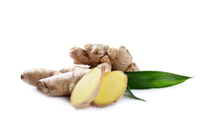 Photo of Whole and cut fresh ginger with leaves isolated on white