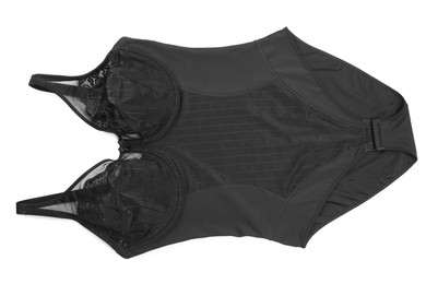 Photo of Elegant plus size black women's underwear isolated on white, top view