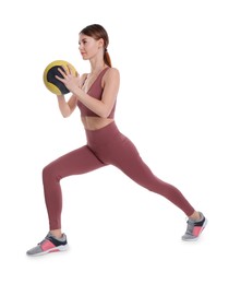 Photo of Athletic woman doing exercise with medicine ball isolated on white