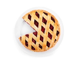 Photo of Delicious fresh cherry pie isolated on white, top view