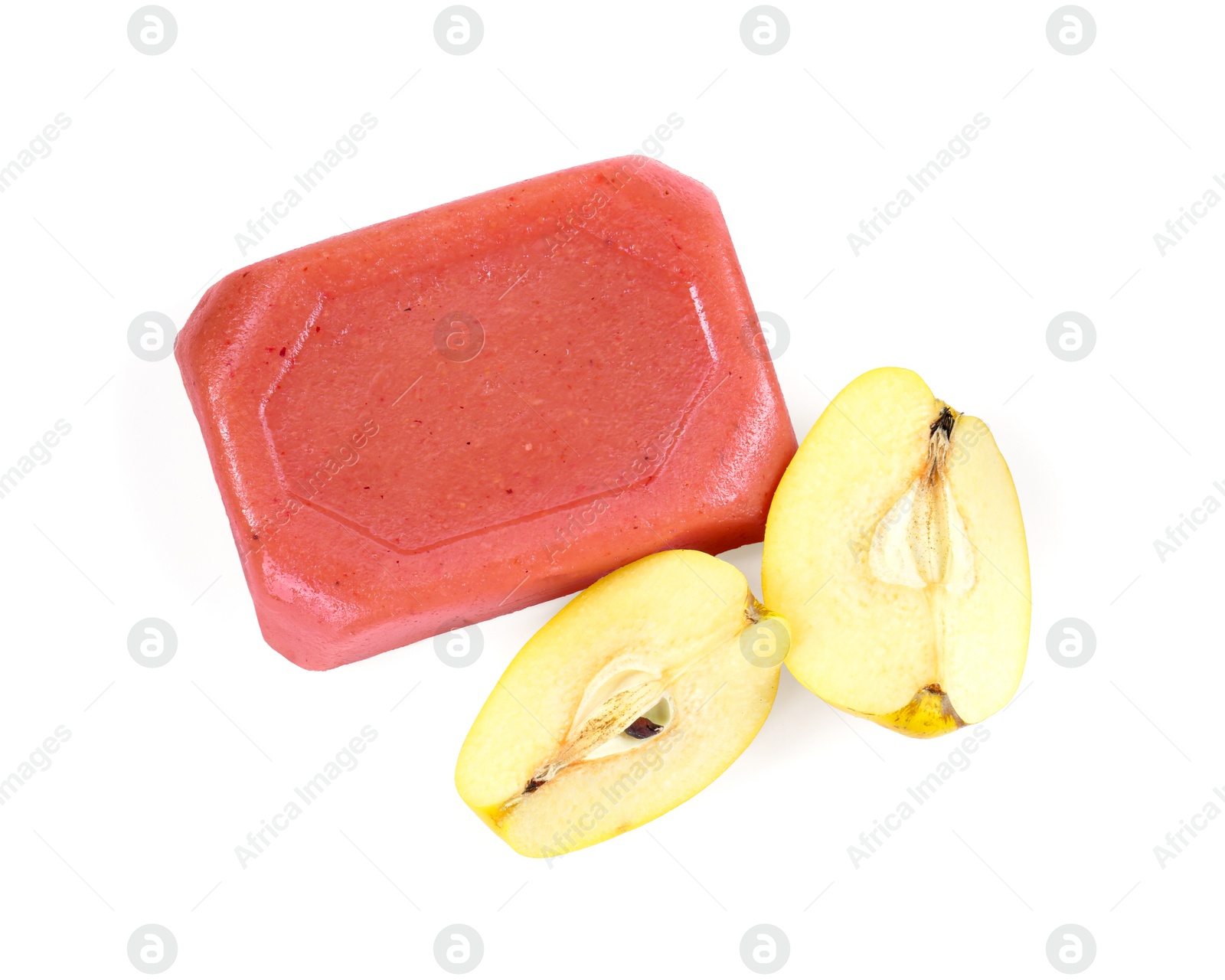 Photo of Delicious sweet quince paste and fresh cut fruit isolated on white, top view