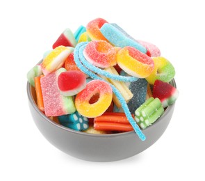 Photo of Bowl of tasty colorful jelly candies on white background