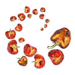 Image of Slices of grilled bell peppers in air on white background