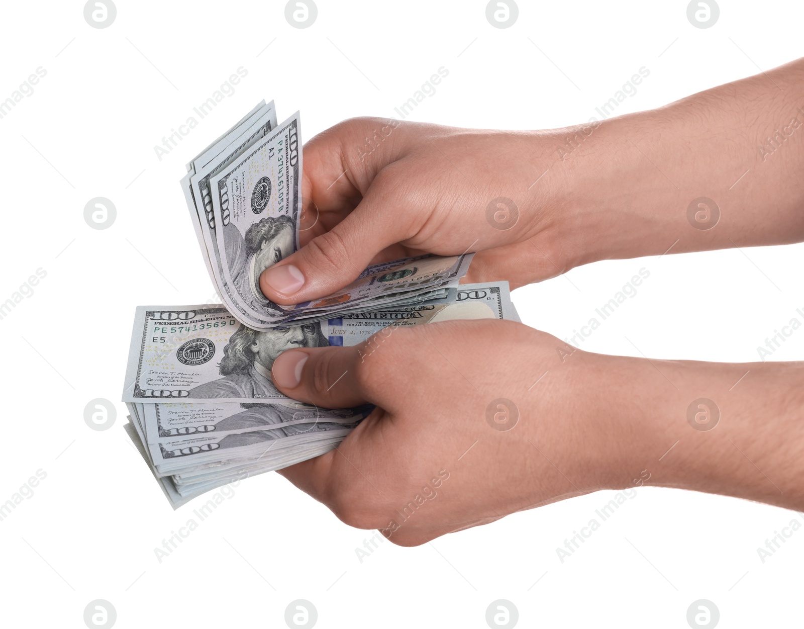 Photo of Money exchange. Man holding dollar banknotes on white background, closeup