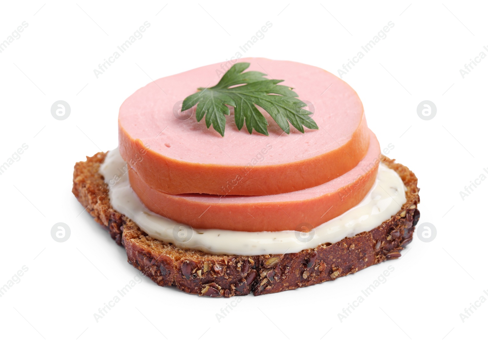 Photo of Delicious sandwich with boiled sausage, parsley and sauce isolated on white