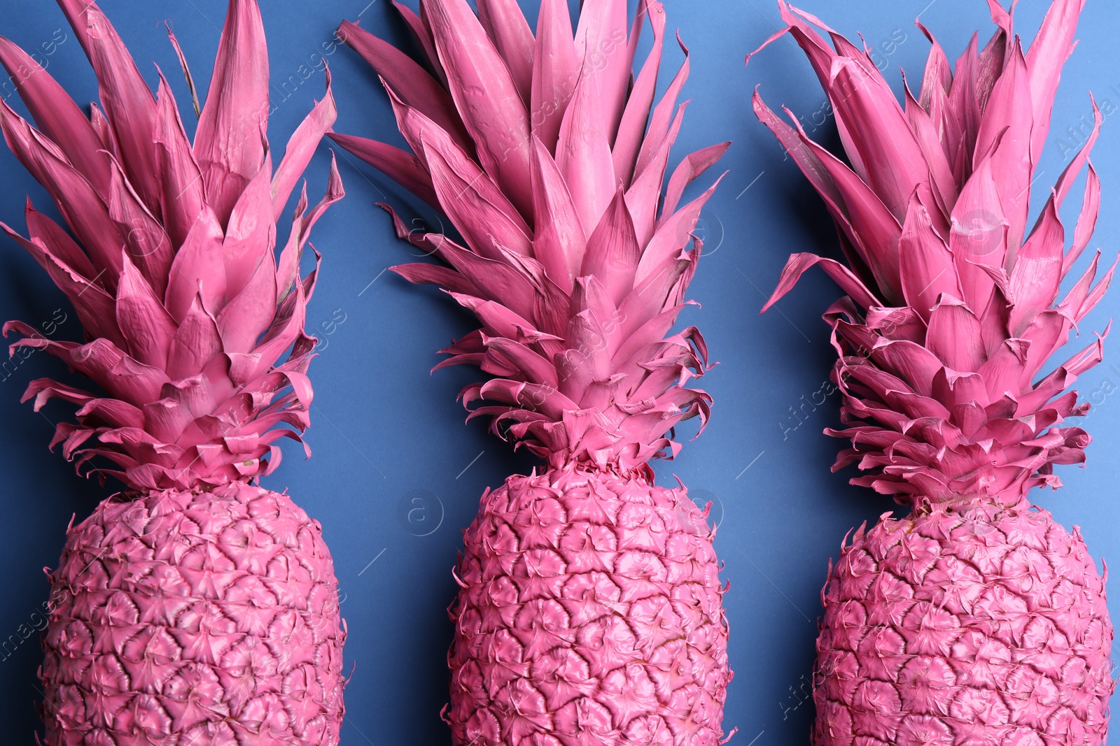 Photo of Pink pineapples on blue background, flat lay. Creative concept